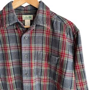 LL Bean Plaid Flannel Work Shirt Large Tall Grey Red Button Down Long Sleeve GUC